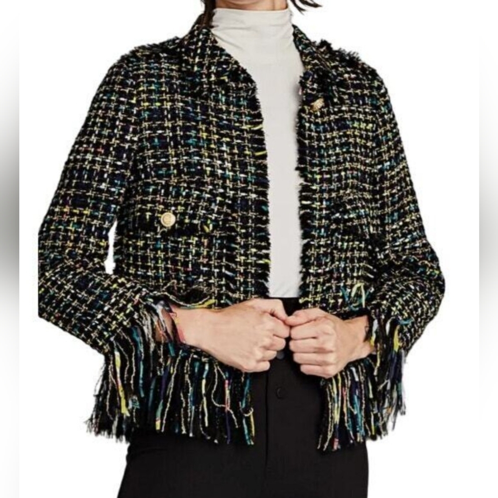 Zara Tweed Fringe Trim Blazer Size L Multicolor Lined Boucle Jacket Pockets NEW